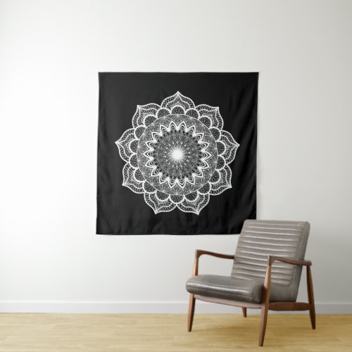 White Mandala on Black Background Tapestry