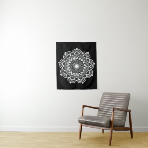 White Mandala on Black Background Tapestry