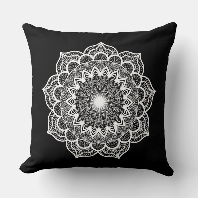 White Mandala on Black Background Throw Pillow (Front)