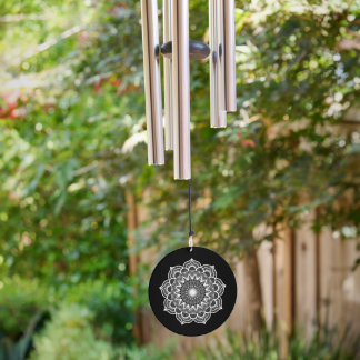 White Mandala on Black Background Wind Chime
