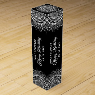 White Mandala on Black Damasks Background Wine Box