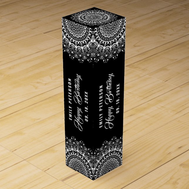 White Mandala on Black Damasks Background Wine Box (Back)