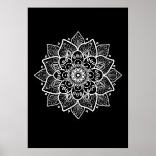 White Mandala On Black Poster