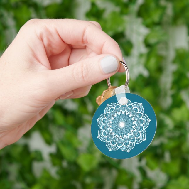 White Mandala on Blue Background Keychain (Hand)