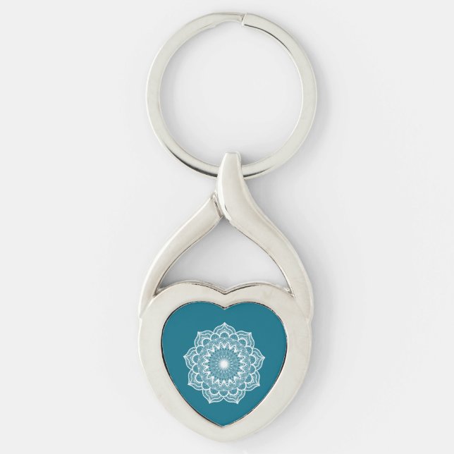 White Mandala on Blue Background Keychain (Front)