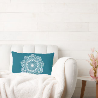 White Mandala on Blue Background Lumbar Pillow