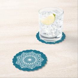 White Mandala on Blue Background Paper Coaster