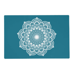 White Mandala on Blue Background Placemat