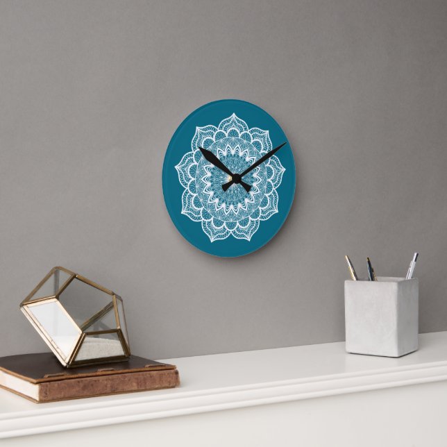 White Mandala on Blue Background Round Clock (Office)