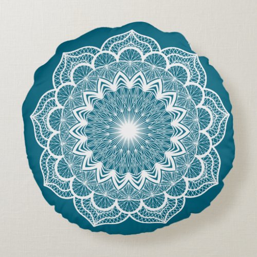 White Mandala on Blue Background Round Pillow