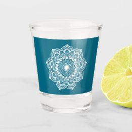White Mandala on Blue Background Shot Glass