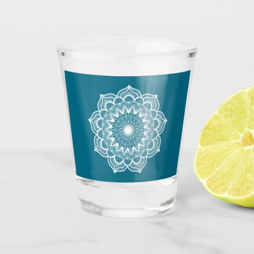 White Mandala on Blue Background Shot Glass