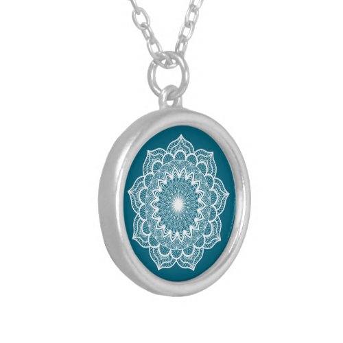 White Mandala on Blue Background Silver Plated Necklace