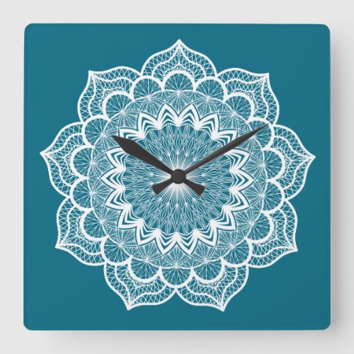 White Mandala on Blue Background Square Wall Clock