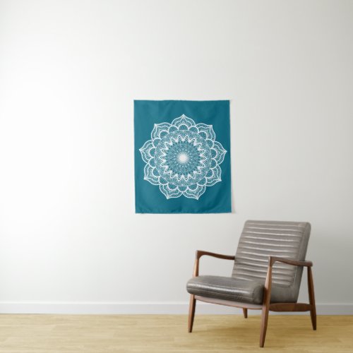 White Mandala on Blue Background Tapestry