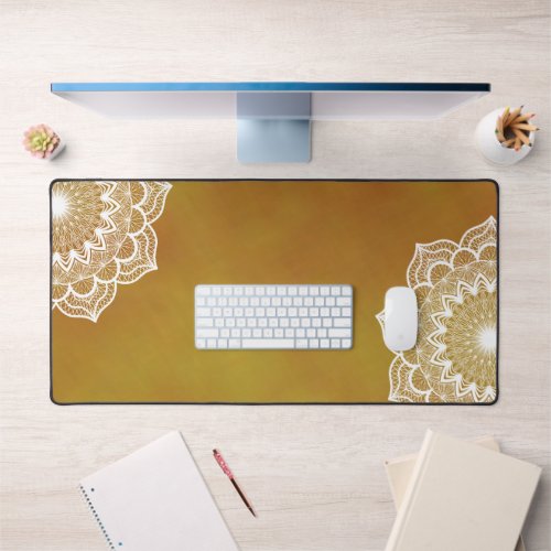 White Mandala on Gold Background Desk Mat