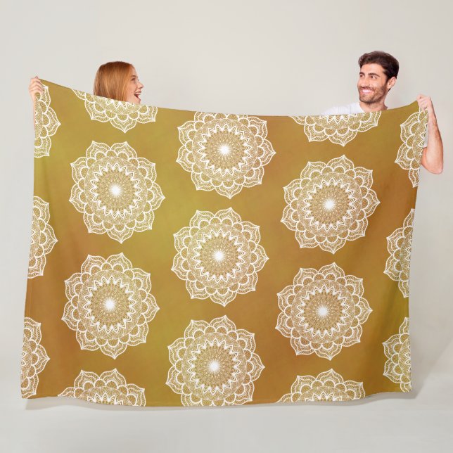 White Mandala on Gold Background Fleece Blanket (In Situ)