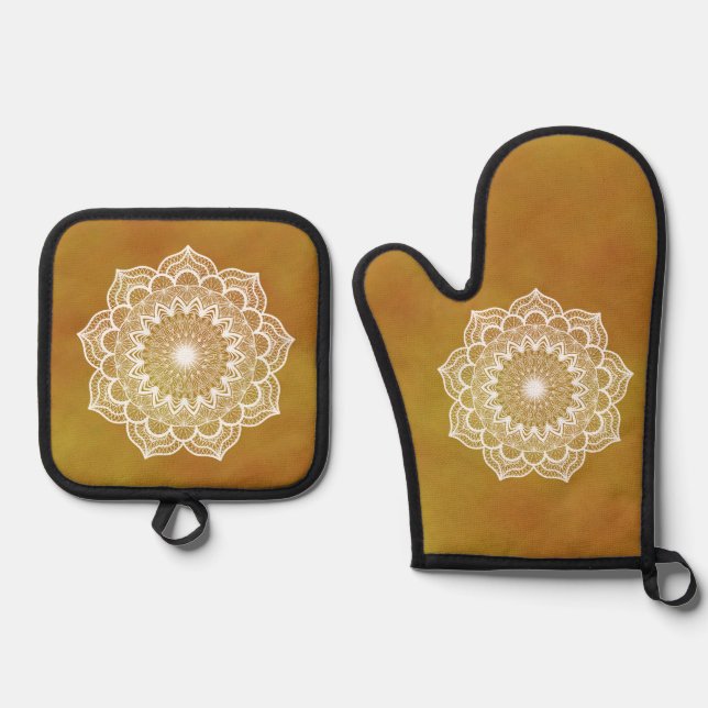 White Mandala on Gold Background Oven Mitt & Pot Holder Set (Front)