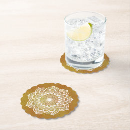 White Mandala on Gold Background Paper Coaster
