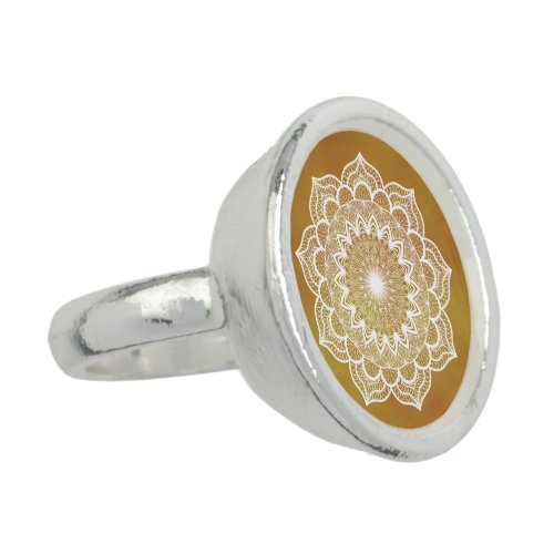 White Mandala on Gold Background Ring