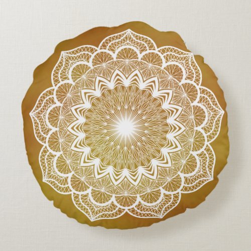 White Mandala on Gold Background Round Pillow