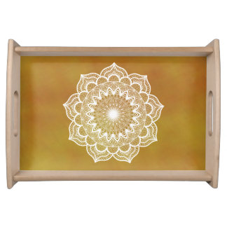 White Mandala on Gold Background Serving Tray