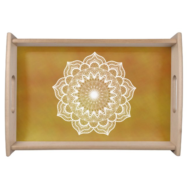 White Mandala on Gold Background Serving Tray (Front)
