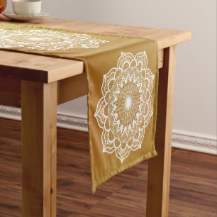 White Mandala on Gold Background Short Table Runner