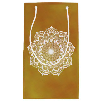 White mandala on gold background small gift bag