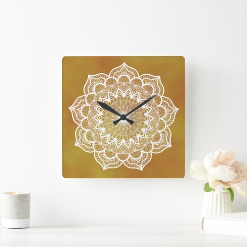 White Mandala on Gold Background Square Wall Clock
