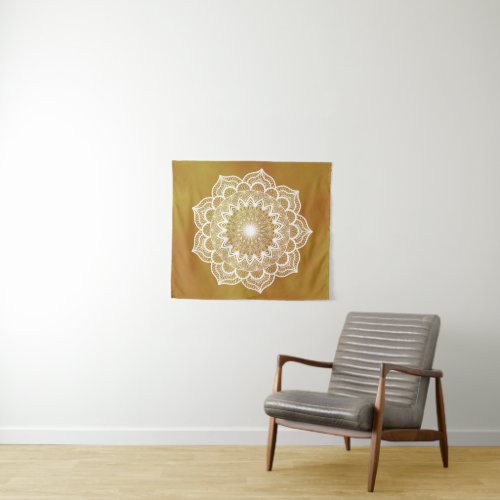 White Mandala on Gold Background Tapestry