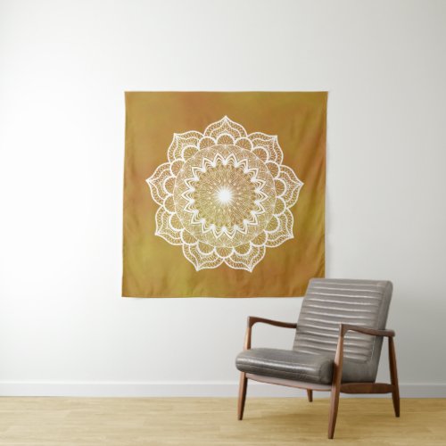 White Mandala on Gold Background Tapestry