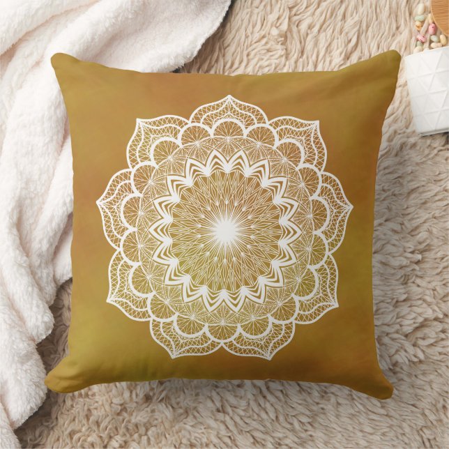 White Mandala on Gold Background Throw Pillow (Blanket)