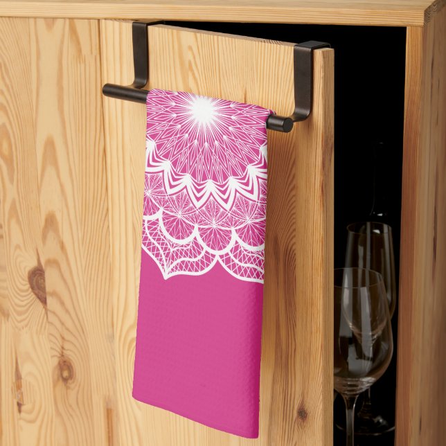 White Mandala on Pink Background Kitchen Towel (Thirds Fold)