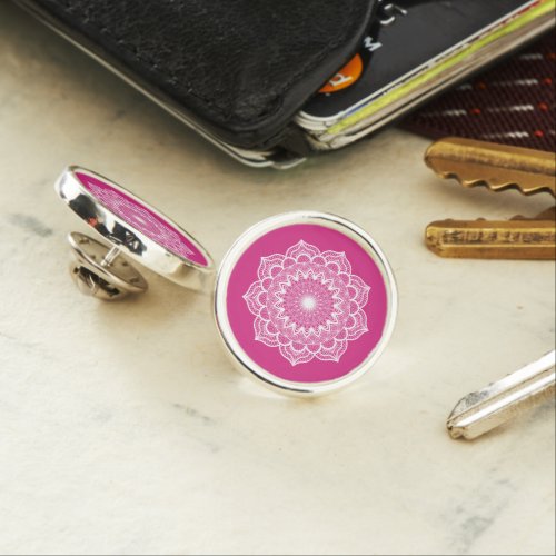 White Mandala on Pink Background Lapel Pin