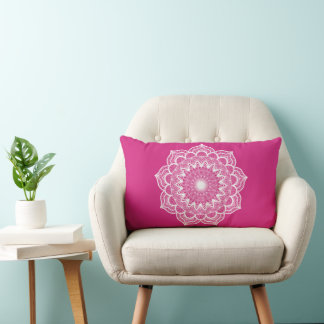 White Mandala on Pink Background Lumbar Pillow