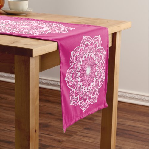 White Mandala on Pink Background Small Short Table Runner