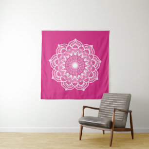 White Mandala on Pink Background Tapestry
