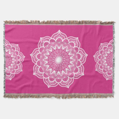 White Mandala on Pink Background Throw Blanket