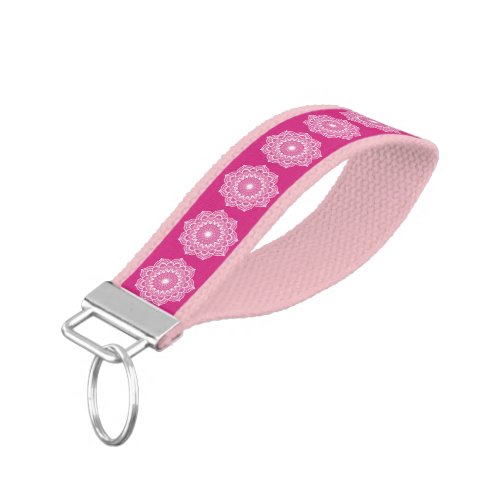 White Mandala on Pink Background Wrist Keychain