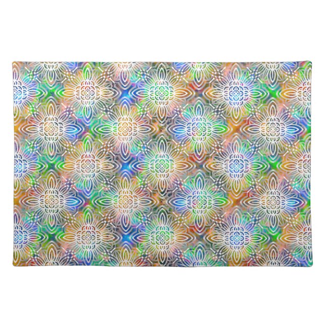 White Mandala Pattern Over Colorful Jewel Tones Cloth Placemat (Front)