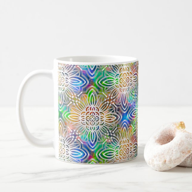 White Mandala Pattern Over Colorful Jewel Tones Coffee Mug (With Donut)