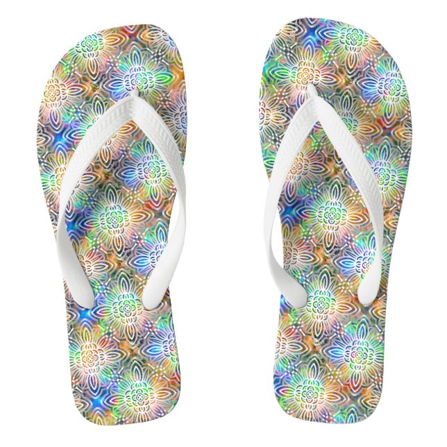 White Mandala Pattern Over Colorful Jewel Tones Flip Flops (Footbed)