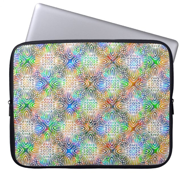 White Mandala Pattern Over Colorful Jewel Tones Laptop Sleeve (Front)
