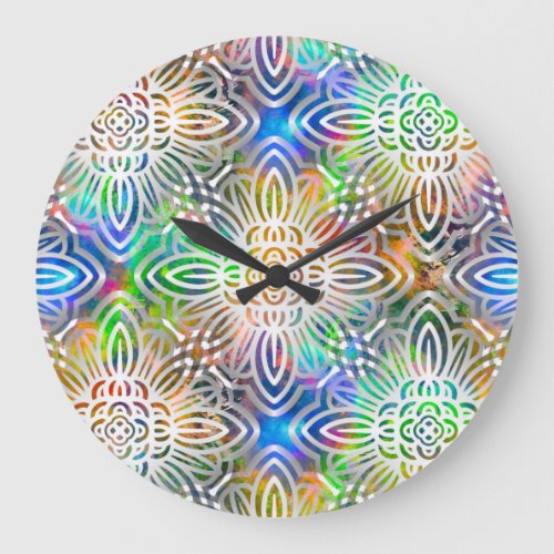 White Mandala Pattern Over Colorful Jewel Tones Large Clock