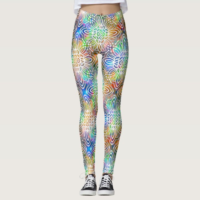 White Mandala Pattern Over Colorful Jewel Tones Leggings (Front)