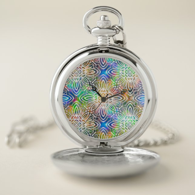 White Mandala Pattern Over Colorful Jewel Tones Pocket Watch (Inside)