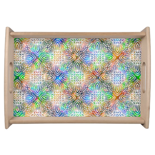 White Mandala Pattern Over Colorful Jewel Tones Serving Tray (Front)