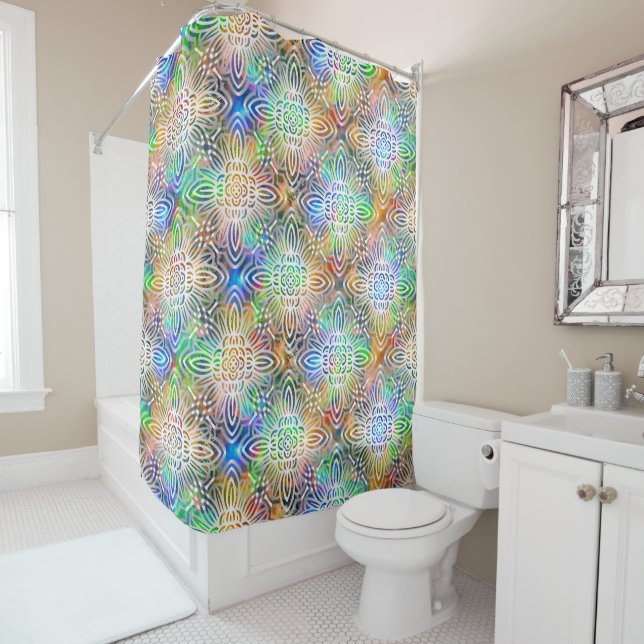 White Mandala Pattern Over Colorful Jewel Tones Shower Curtain (In Situ)