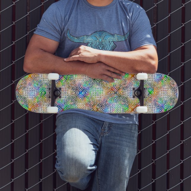 White Mandala Pattern Over Colorful Jewel Tones Skateboard (Outdoor 3)
